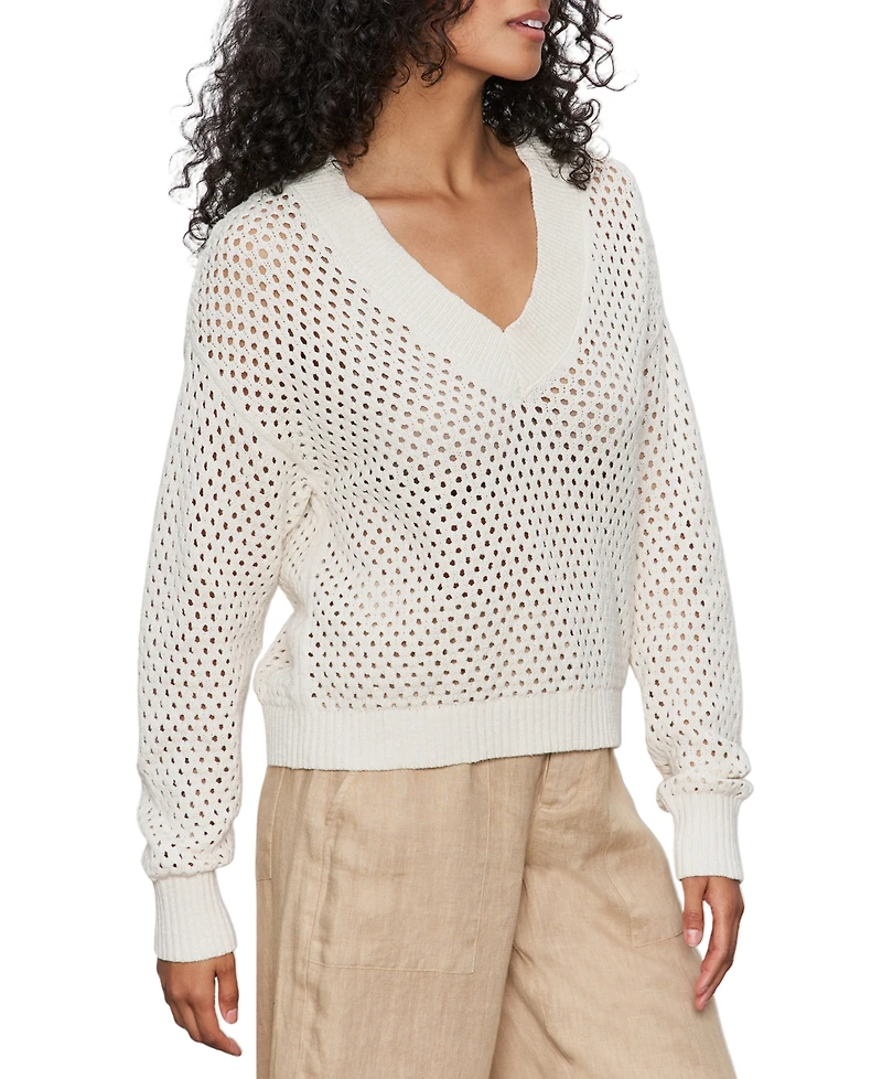 Sanctuary Women's Airy Openwork Cotton V-Neck Sweater