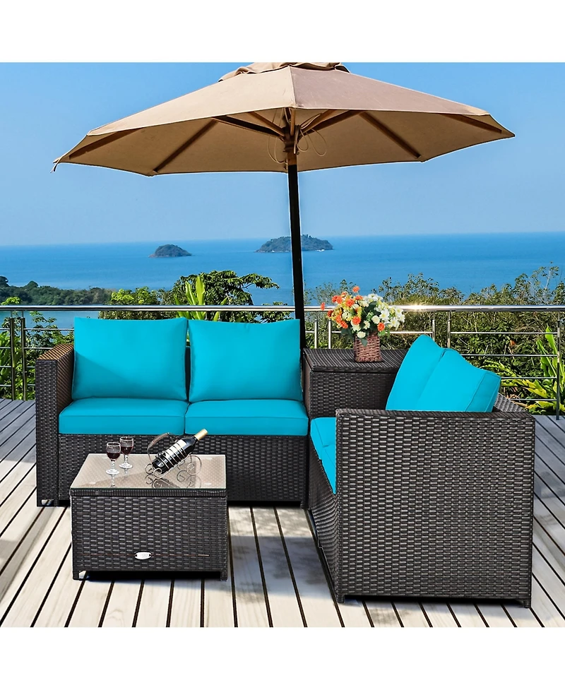 Gymax 4PCS Cushioned Rattan Patio Conversation Set w/ Side Table Turquoise Cushion