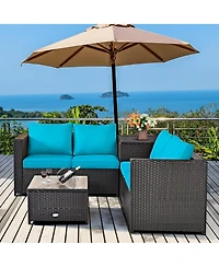Gymax 4PCS Cushioned Rattan Patio Conversation Set w/ Side Table Turquoise Cushion