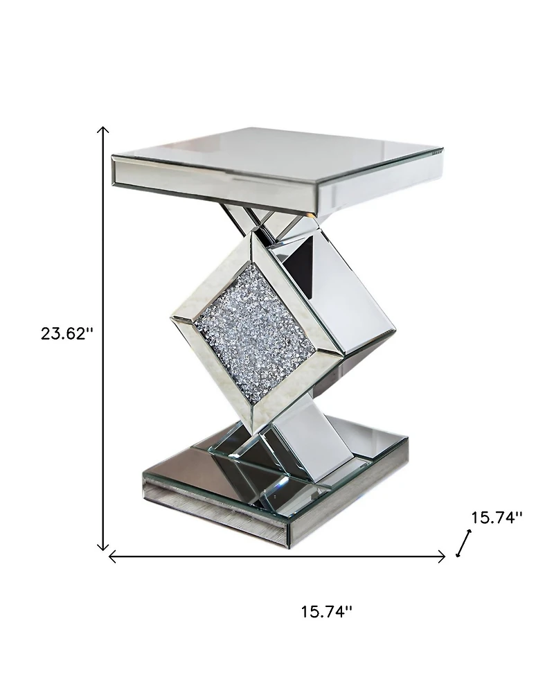 Mirrored Glass End Table with Faux Crystals for Living Room or Bedroom