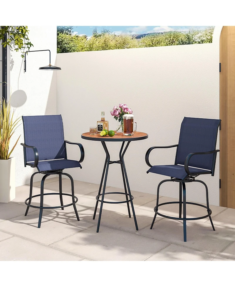 Gymax Outdoor Swivel Bar Stool Set of 2 w/Breathable Fabric and Heavy Duty Metal Frame Navy
