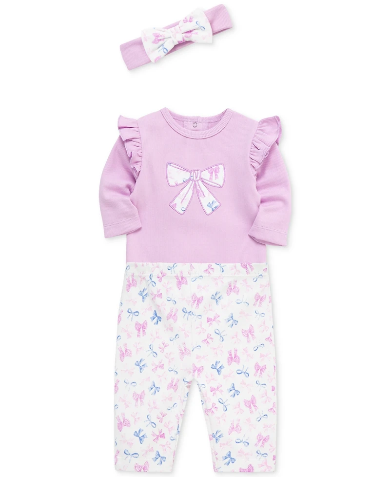 Little Me Baby Girls Pretty Bows Cotton Headband, Bodysuit & Pants Set