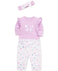 Little Me Baby Girls Pretty Bows Cotton Headband, Bodysuit & Pants Set