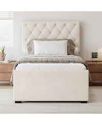 Velvet Platform Bed with Trundle and Tufted Headboard