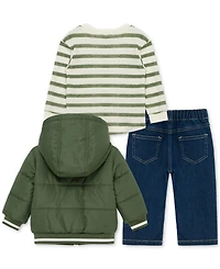 Little Me Baby Boys Hooded Jacket, Striped T-Shirt & Denim Pants, 3 Piece Set