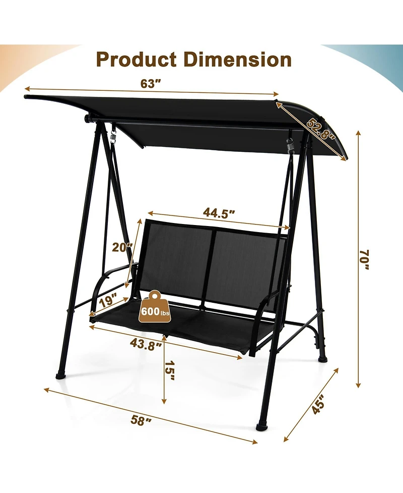 2-Seat Outdoor Canopy Swing with Comfortable Fabric Seat and Heavy-duty Metal Frame