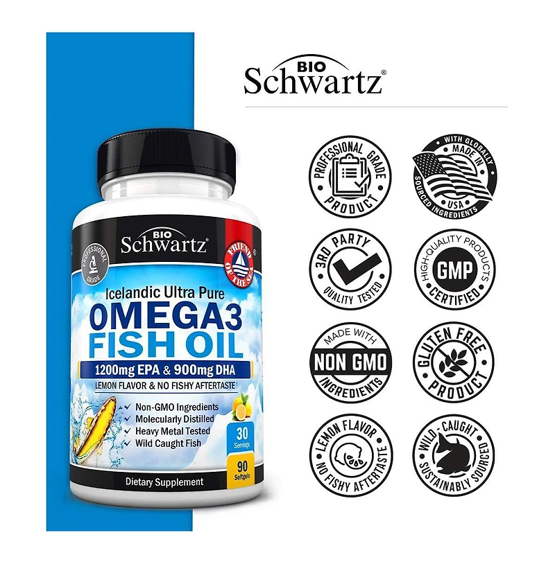 Omega 3 Fish Oil Supplement - 1200mg Epa and 900mg Dha Fatty Acid Per Serving from Wild Caught Fish - Supports Joint, Eyes, Brain & Skin Health
