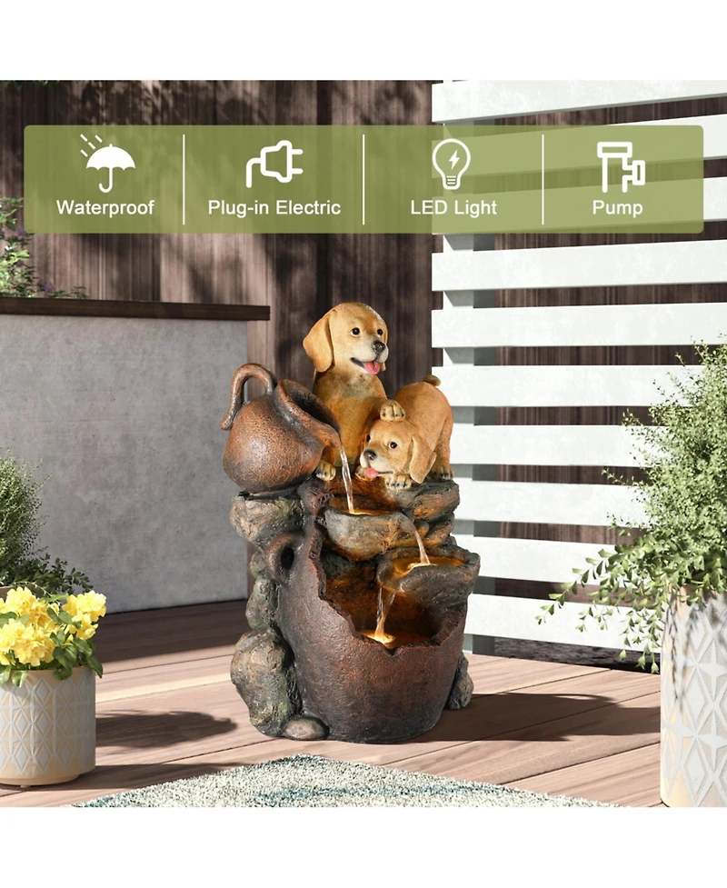 LuxenHome Puppy Friends Farmhouse Resin Outdoor Fountain with Lights