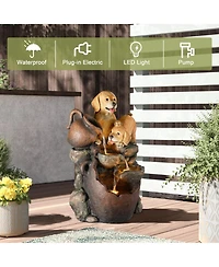 LuxenHome Puppy Friends Farmhouse Resin Outdoor Fountain with Lights