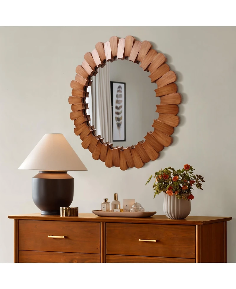 LuxenHome Pine Wood Frame 35-Inch Round Wall Mirror