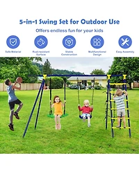5-In-1 Outdoor Kids Swing Set with A-Shaped Metal Frame and Ground Stake