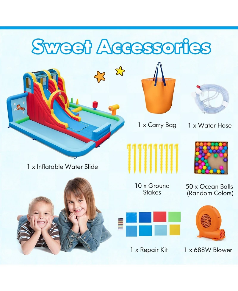 Inflatable Water Slide Water Park with Long Slide and Splash Pools and Ball Pit with 680W Blower