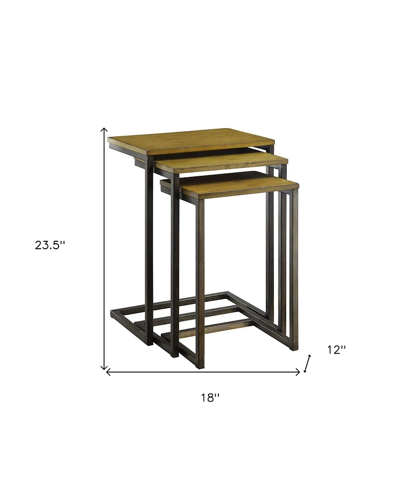 Set of Three Nested End Tables Solid Wood Tops with Steel Frames For Home Style