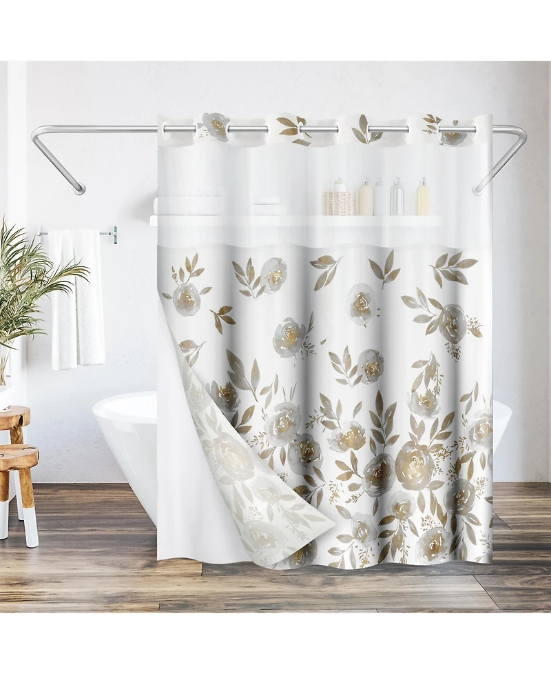 Americanflat 72x75 Hookless Shower Curtain - Floral Gold Grey Shower Curtain with Sheer Panel, Snap-In Liner, and Grommets - 100% Polyester