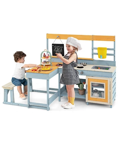 Fir Wood Play Kitchen with Kids Picnic Table and Built-in Bench