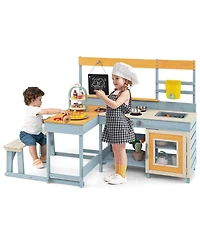 Fir Wood Play Kitchen with Kids Picnic Table and Built-in Bench
