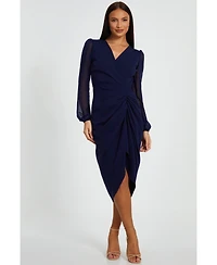 Quiz Women's Scuba Crepe Front Wrap Chiffon Sleeve Midi Dress