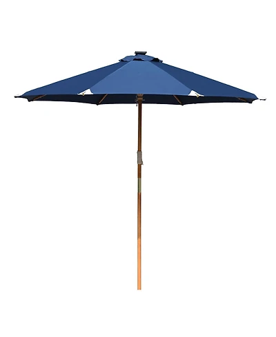LAGarden Boho 32 Led 9Ft Wood Market Patio Umbrella with Solar Lights for Bar Hotel Resort Alfresco Dining Rooftop Restauran Navy Blue