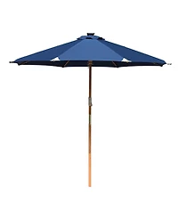 LAGarden Boho 32 Led 9Ft Wood Market Patio Umbrella with Solar Lights for Bar Hotel Resort Alfresco Dining Rooftop Restauran Navy Blue