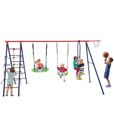550 Lbs 6-in-1 Patio Kids Swing Set with Climbing Net and Ladder