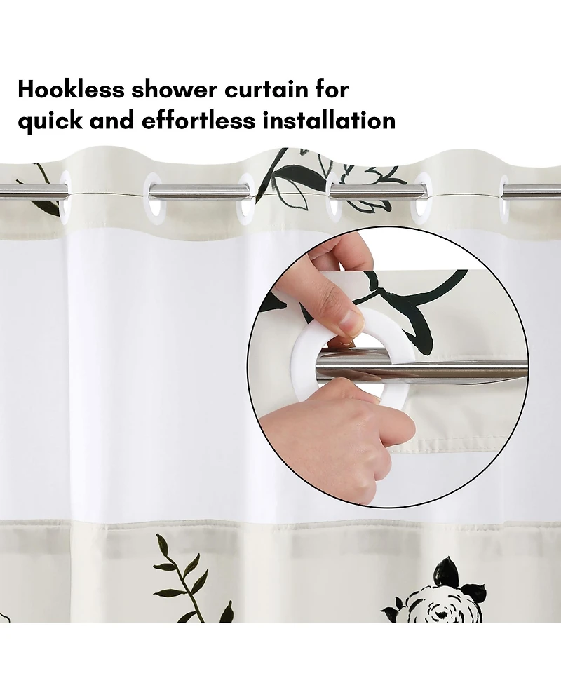 Americanflat 72x75 Hookless Shower Curtain - Floral and Shower Curtain with Sheer Panel, Snap-In Liner, and Grommets