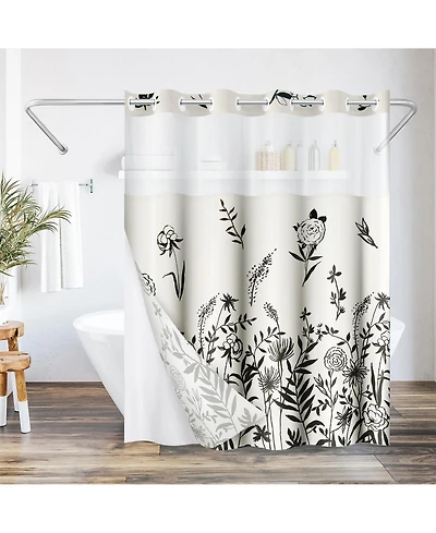 Americanflat 72x75 Hookless Shower Curtain - Floral and Shower Curtain with Sheer Panel, Snap-In Liner, and Grommets