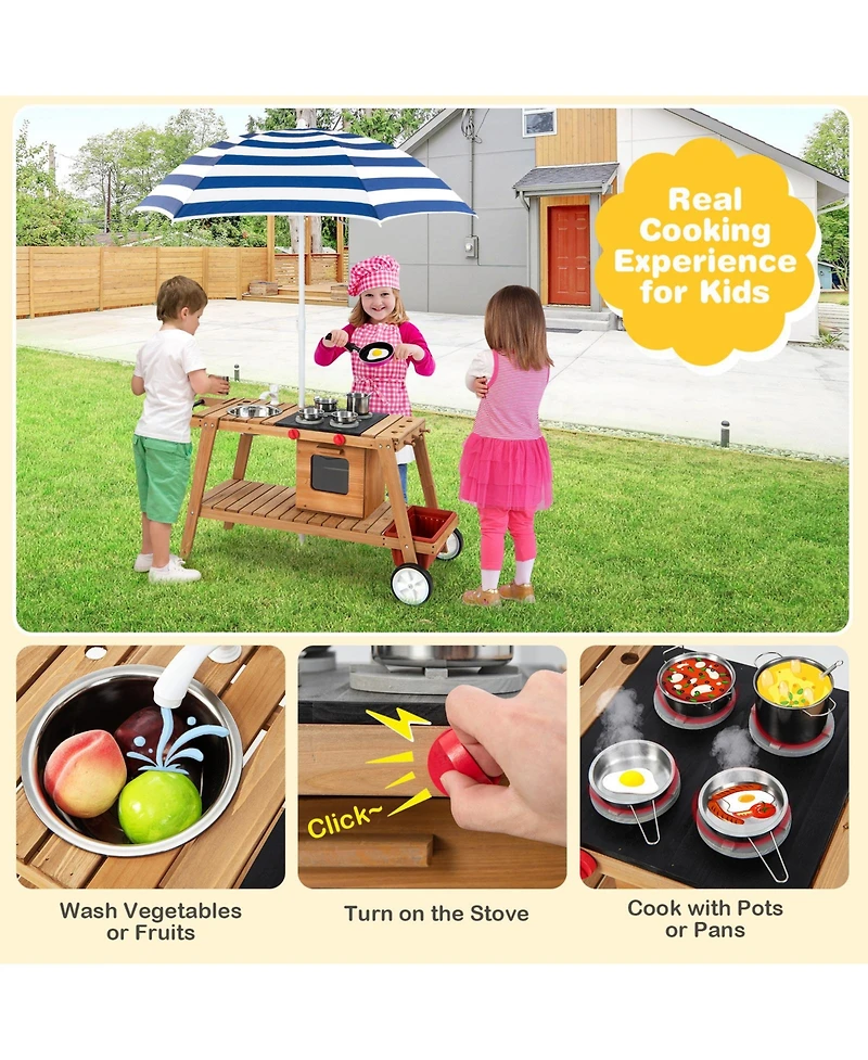 Wooden Play Cart with Sun Proof Umbrella for Toddlers Over 3 Years Old