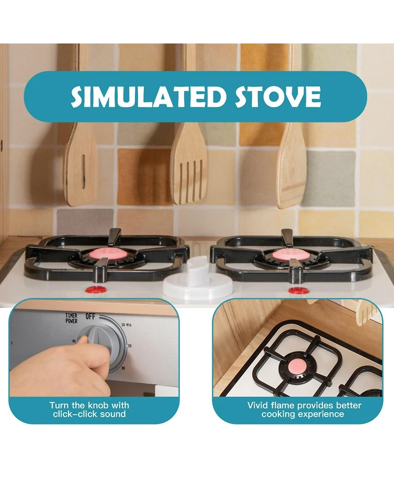 Wooden Kids Pretend Kitchen Playset Cooking Play Toy with Utensils and Sound