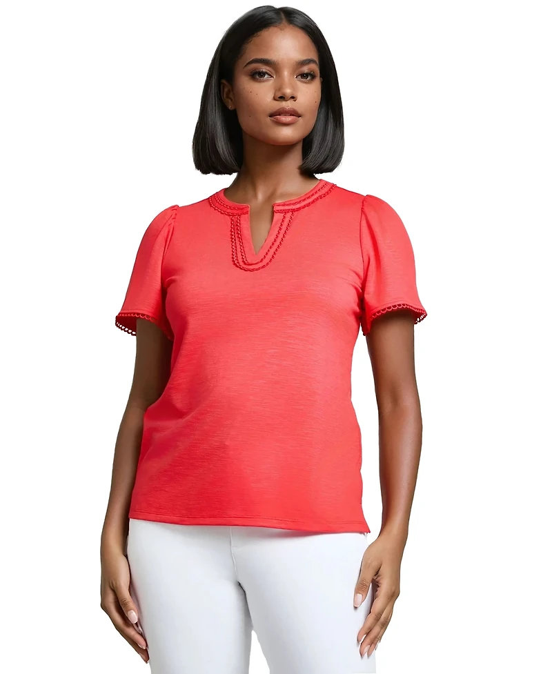 Jones New York Women's Drapey Split-Neck Short-Sleeve Top