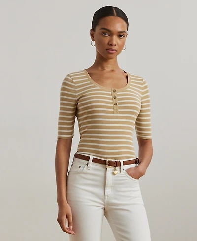 Lauren Ralph Women's Striped Elbow-Sleeve Henley Top