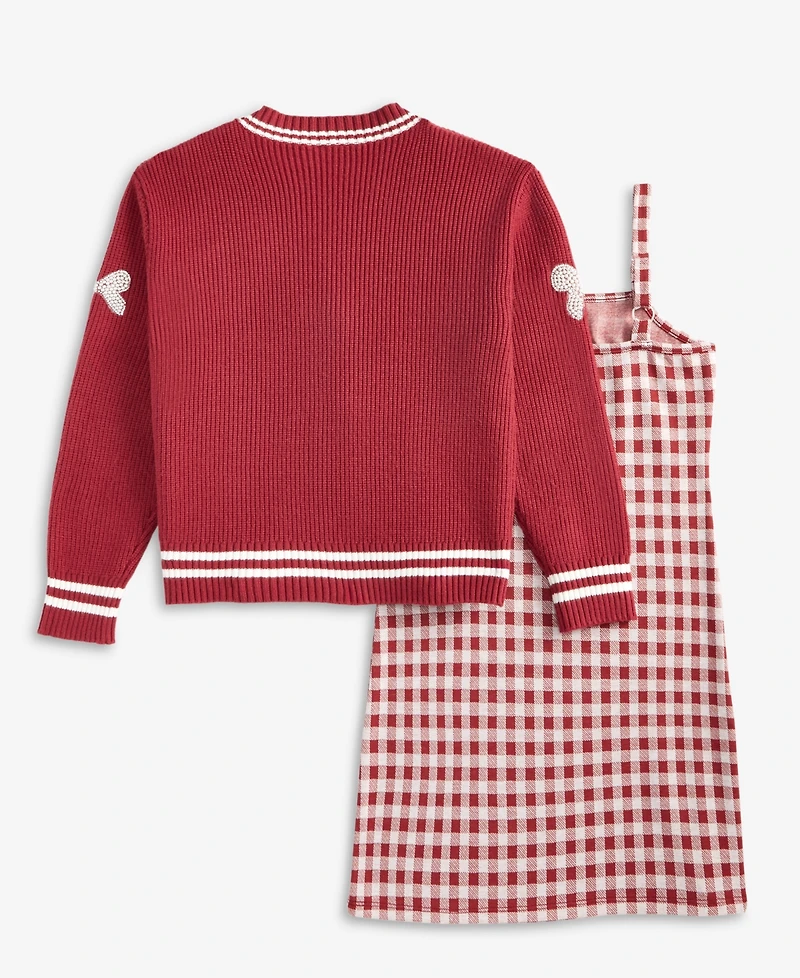 Rare Editions Big Girls Knit Cardigan & Plaid Jumper Dress, 2 Piece Set