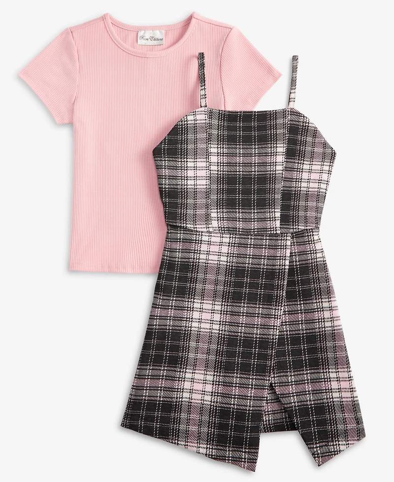 Rare Editions Big Girls Rib T-Shirt & Plaid Shorts Jumper, 2 Piece Set