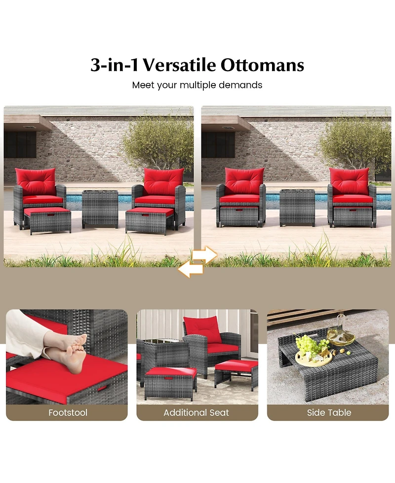 5 Piece Patio Rattan Furniture with 2 Ottomans and Tempered Glass Coffee Table-Red