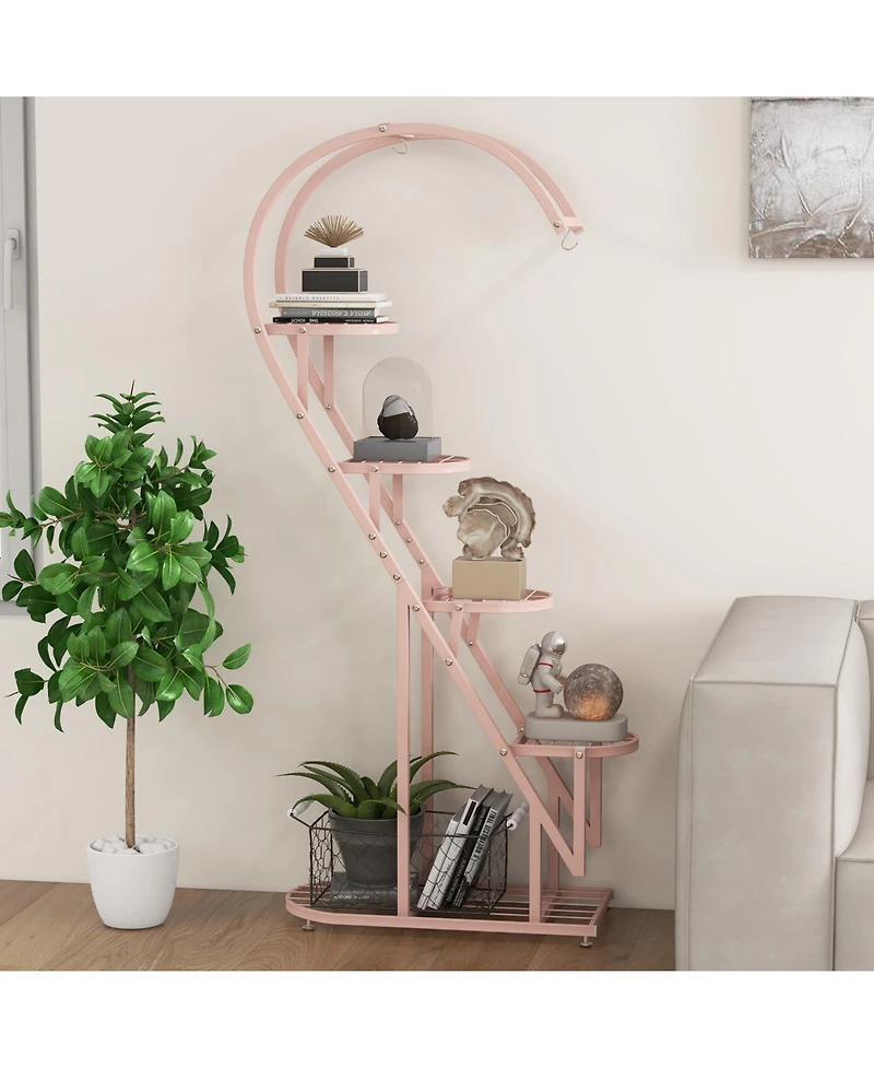 5 Tier Metal Plant Stand with Hanging Hook for Multiple Plants-Pink & Blue