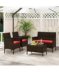 4 Piece Patio Rattan Conversation Set with Cozy Seat Cushions