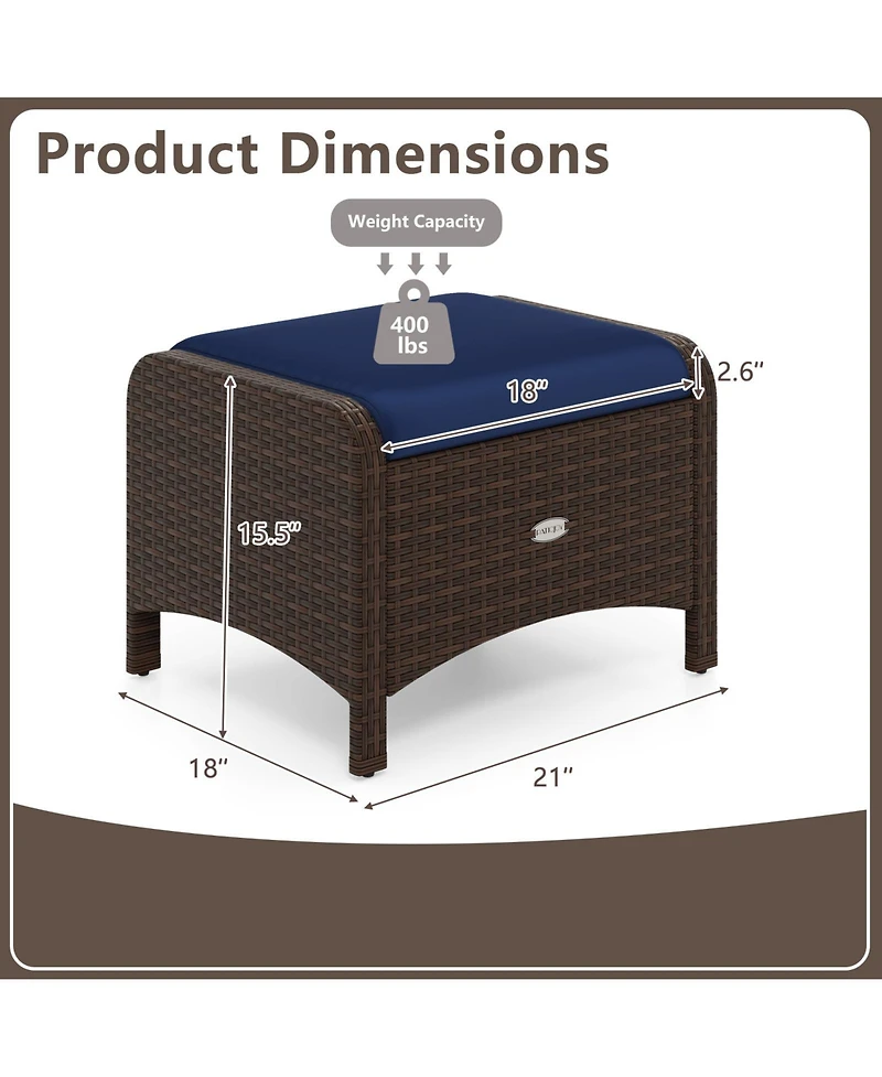 2 Pieces Outdoor Patio Pe Wicker Ottomans with Removable Cushions-Navy