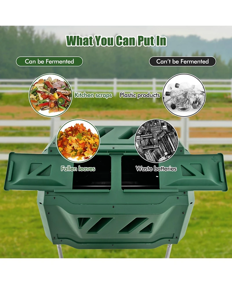 43 Gallon Rotating Compost Bin Barrel with Dual Chamber and Sliding Doors-Green