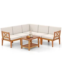 6 Pieces Acacia Wood Patio Furniture Set with Cushions and 2-Tier Coffee Table-White
