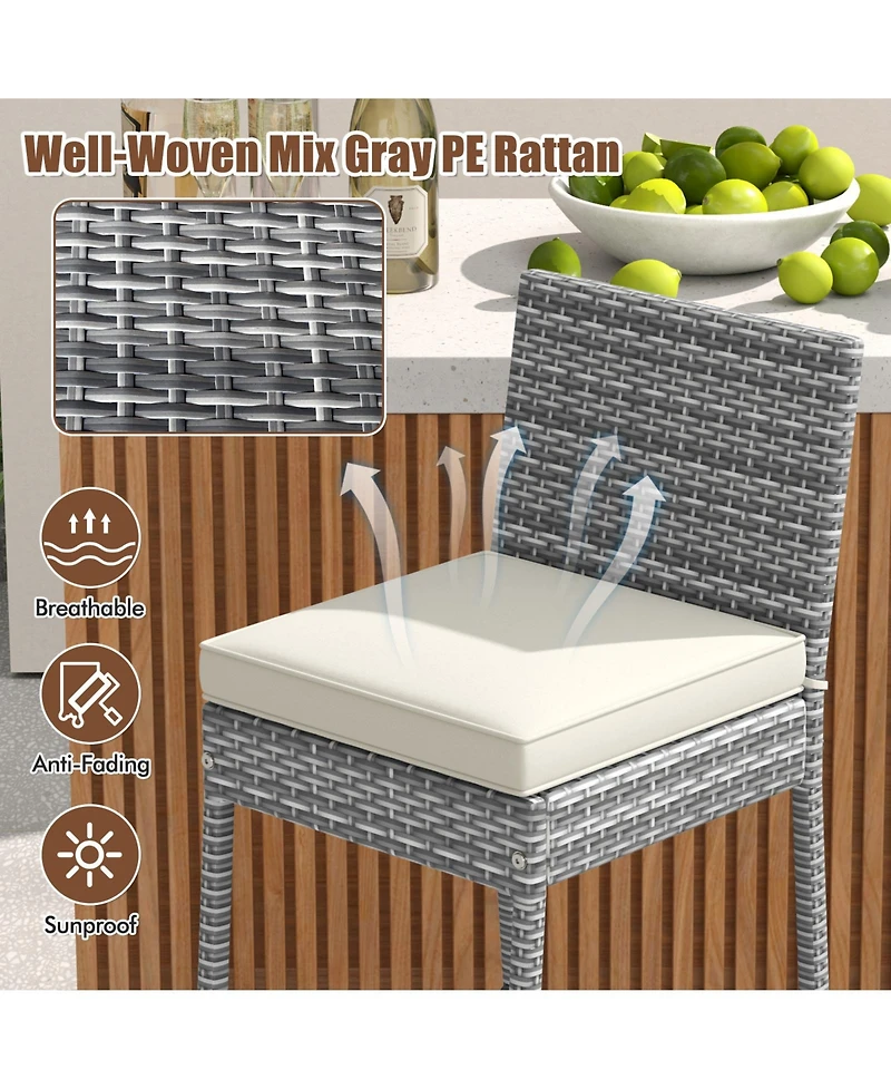 Set of 2 Patio Wicker Barstools with Soft Seat Cushion and Cozy Footrest