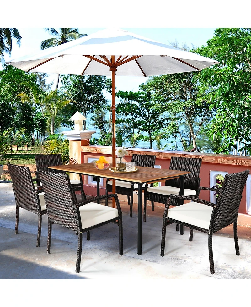 Gymax 7PCS Patio Dining Furniture Set w/ Wooden Tabletop Cushion Umbrella Hole