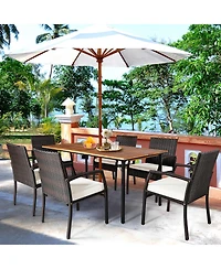 Gymax 7PCS Patio Dining Furniture Set w/ Wooden Tabletop Cushion Umbrella Hole