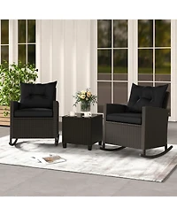 3-Piece Patio Rattan Roker Chairs with Tempered Glass Table and Soft Cushions-Black