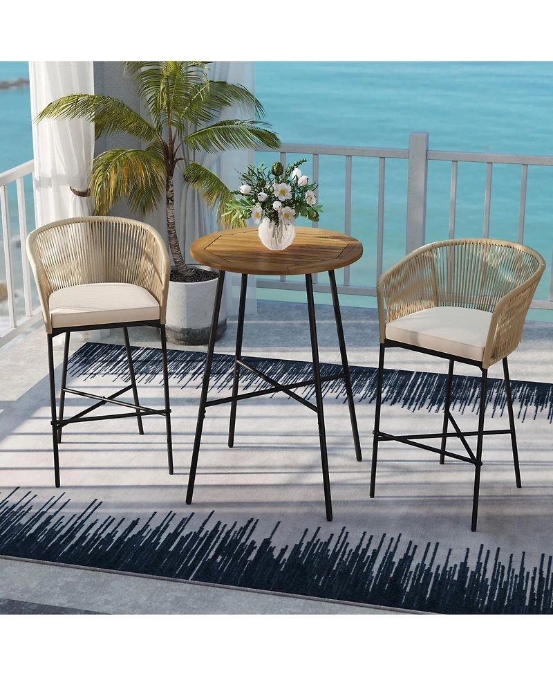3 Pieces Rope Woven Patio Bar Set with Soft Cushions and Acacia Wood Tabletop