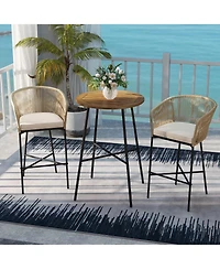 3 Pieces Rope Woven Patio Bar Set with Soft Cushions and Acacia Wood Tabletop