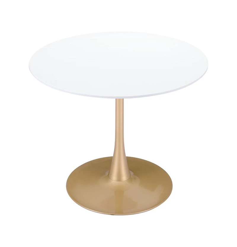 Compact 35" Dining Table – Elegant White and Gold Design with Steel Pedestal Support