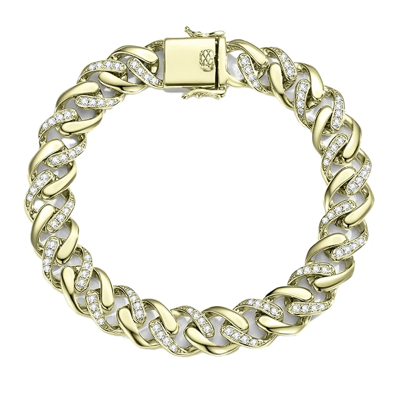 Bold Men's Curb Chain Bracelet with Iced Out Cubic Zirconia Sterling Silver