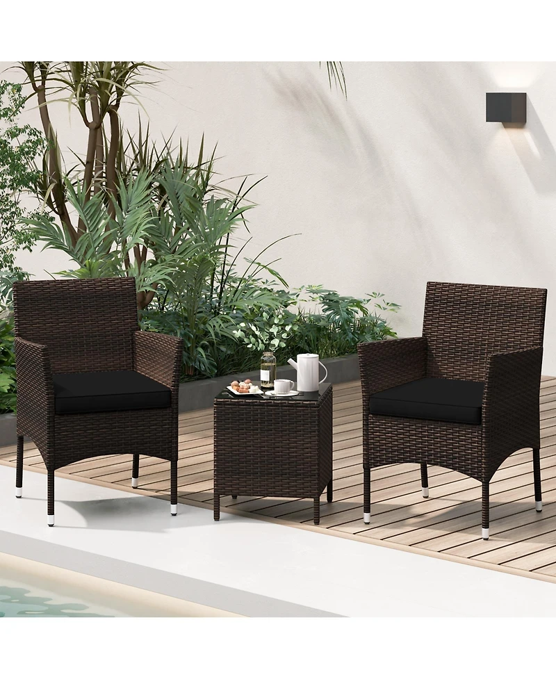 3 Pieces Outdoor Conversation Set with Cushioned Seat and Glass Tabletop-Black