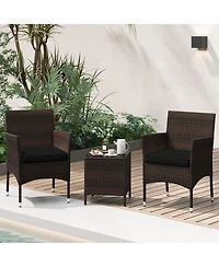 3 Pieces Outdoor Conversation Set with Cushioned Seat and Glass Tabletop-Black