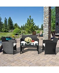 Gymax 4PCS Rattan Patio Conversation Set Outdoor w/ Coffee Table Cushioned Sofa