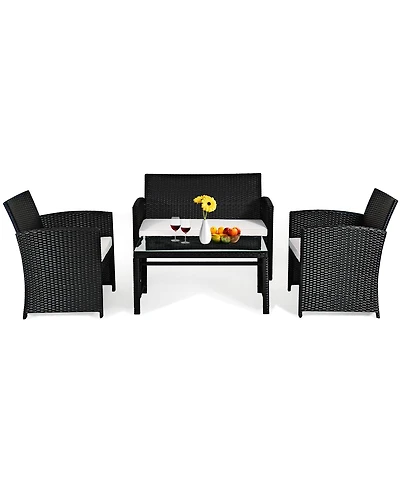 Gymax 4PCS Rattan Patio Conversation Set Outdoor w/ Coffee Table Cushioned Sofa